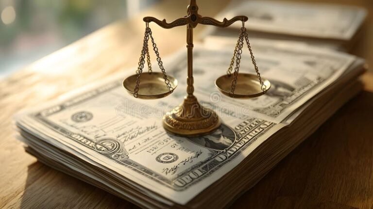 balanca da justica com documentos e dinheiro