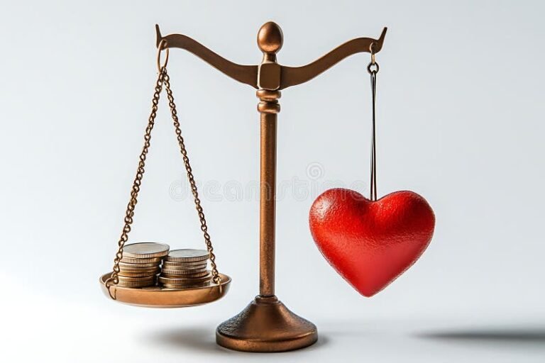 balanca da justica com moeda e coracao