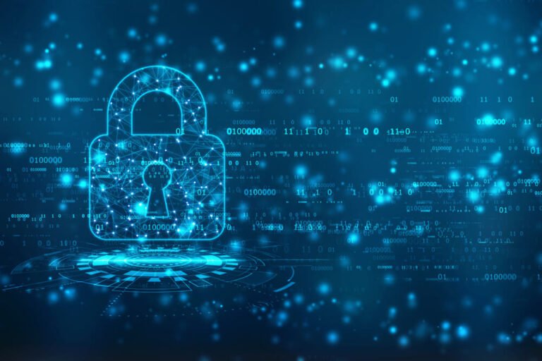 cadeado digital sobre fundo de dados binarios