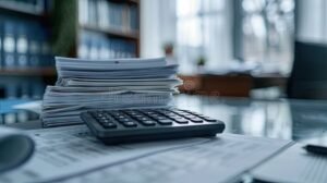 calculadora e documentos financeiros sobre mesa organizada