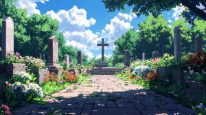 cemiterio tranquilo com flores e ceu azul