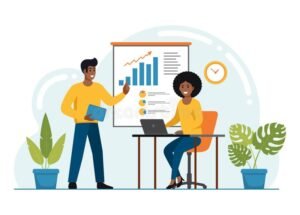 funcionario trabalhando com graficos financeiros ao fundo