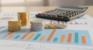 grafico financeiro colorido com dinheiro e calculadora