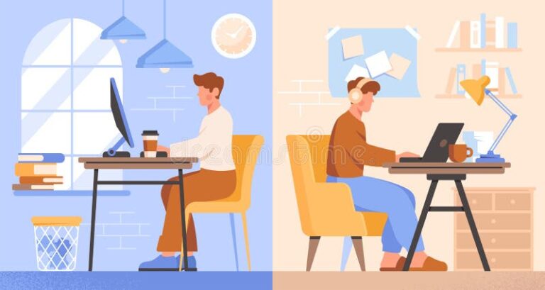 ilustracao contrastando escritorio formal e freelancer