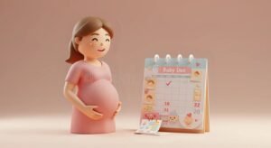 mae sorrindo com bebe e calendario colorido