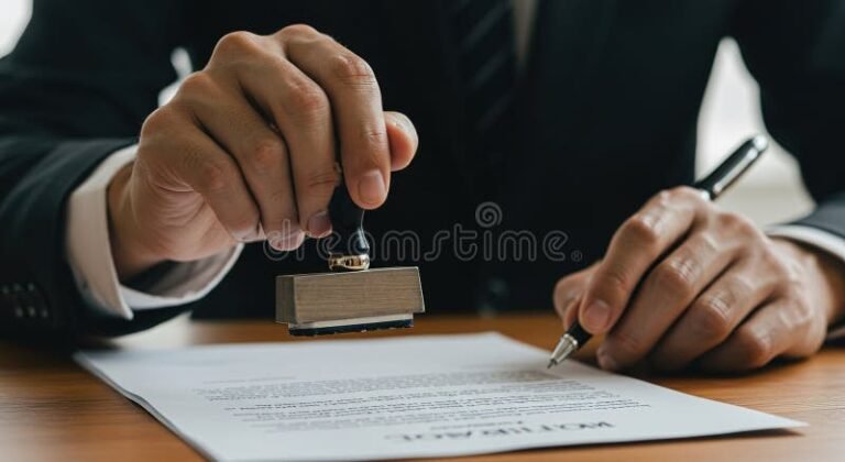 maos assinando contrato com carimbo oficial