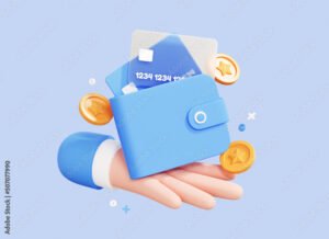 maos segurando carteira e dinheiro em fundo azul