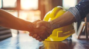 maos segurando contrato e capacete amarelo