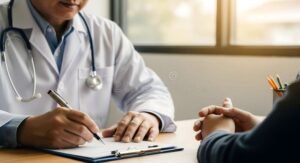 medico escrevendo atestado com estetoscopio