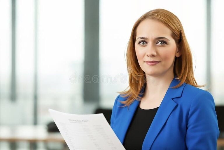 mulher confiante segurando documentos de trabalho