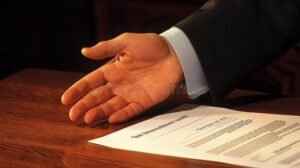 pessoa assinando contrato com mao estendida