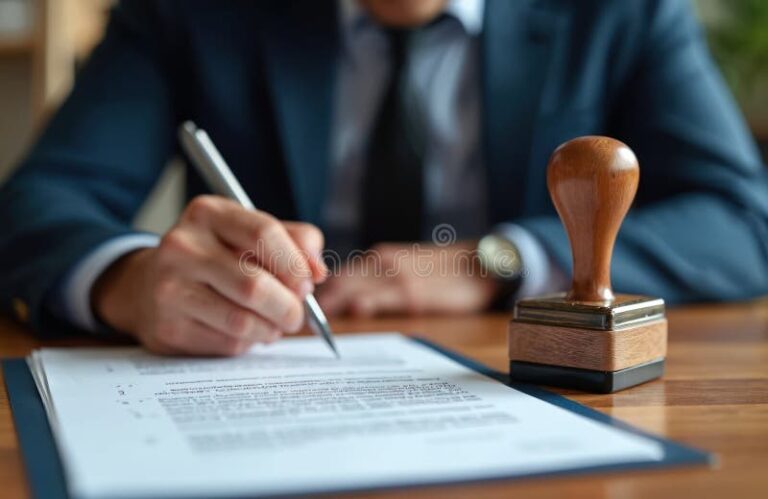pessoa assinando documento com carimbo oficial