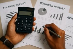 pessoa calculando financas com calculadora e planilha