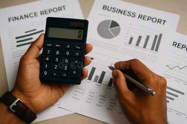 pessoa calculando financas com calculadora e planilha