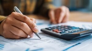 pessoa calculando financas com documentos e calculadora