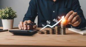 pessoa calculando financas com moeda e grafico