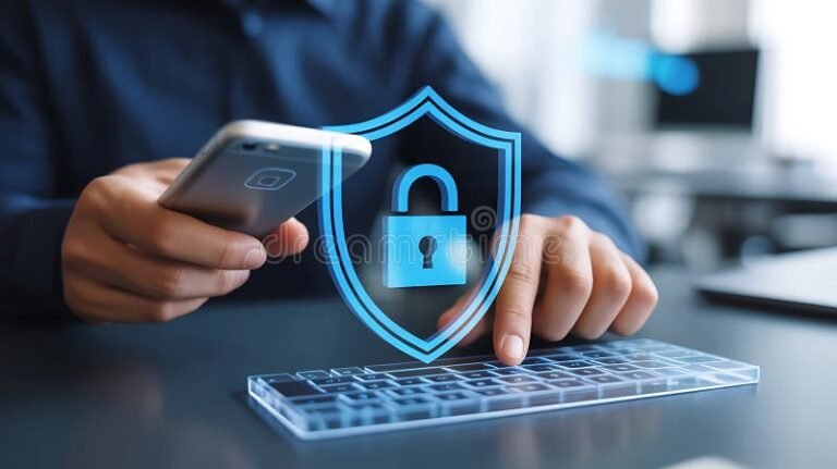 pessoa digitando no celular com cadeado digital