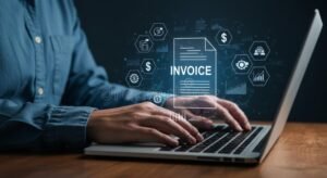 pessoa digitando no laptop com nota fiscal digital