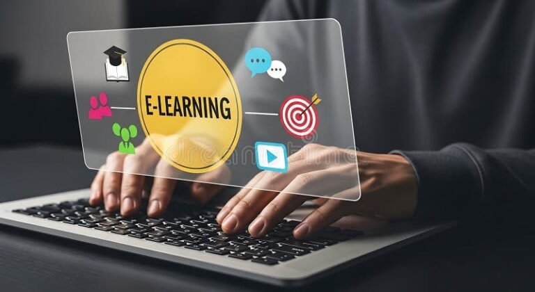pessoa estudando em laptop com graficos educacionais