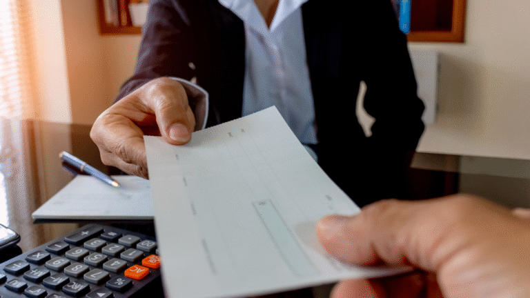 pessoa revisando contracheque com calculadora