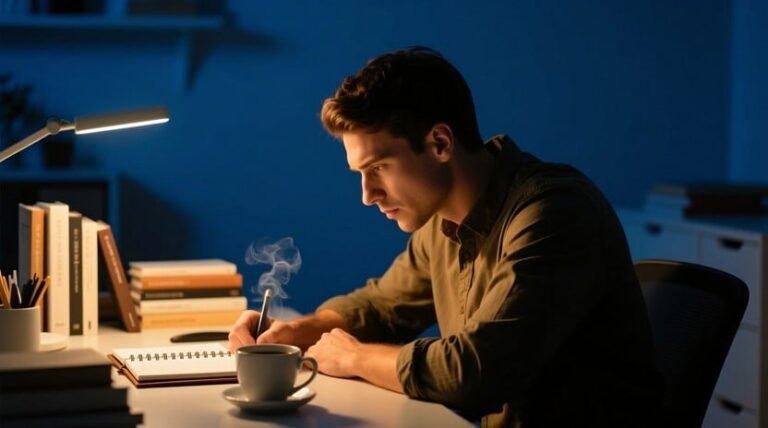 pessoa trabalhando concentrada sob luz noturna