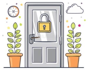 relogio ao lado de flores e porta fechada