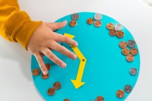 relogio marcando horas com moedas ao redor