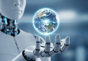 robo humano segurando planeta terra brilhante