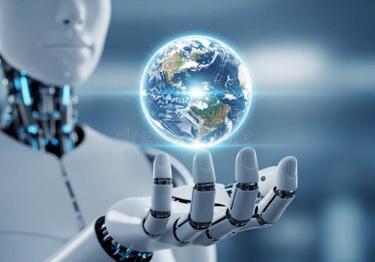 Qual é o Impacto da IA na Sociedade Atual e Futuras Gerações 2 robo humano segurando planeta terra brilhante